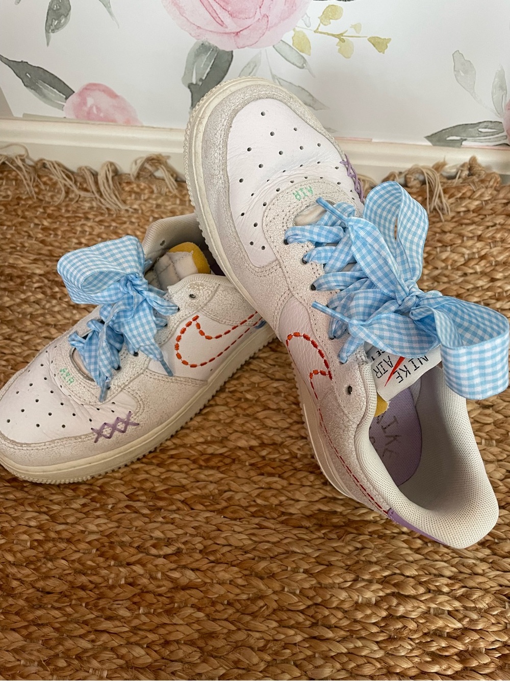 Nike Air Force 1 White Sneakers Blue Gingham Ribbon Laces Size 8.5 Coquette Girl